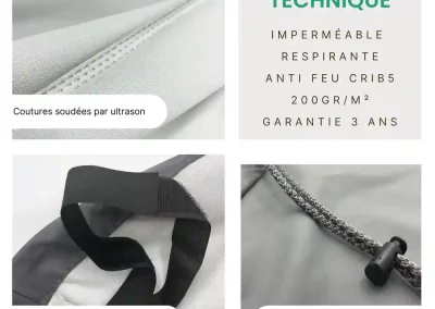 Finitions de la gamme Technique : Coutures par ultrason, cordon de serrage et sangle de maintien