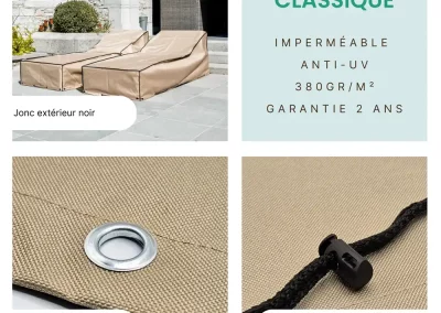 Finitions de la gamme Classique : Oeillets Inox, cordon de serrage et jonc étanche noir