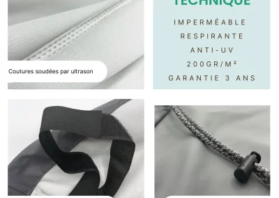 Finitions de la gamme Technique : coutures par ultrason, cordon de serrage et sangles de maintien